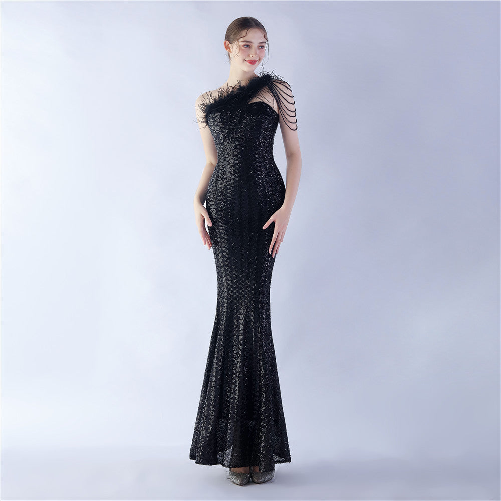 BamBam Women Ostrich Feather Beads Symphony Sequins Formal Party Evening Dress - BamBam Clothing