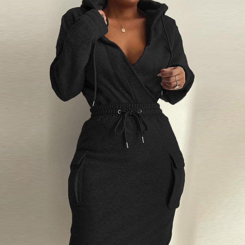 BamBam Women Solid Long Sleeve V Neck Top and Drawstring Skirt Two-piece Set - BamBam