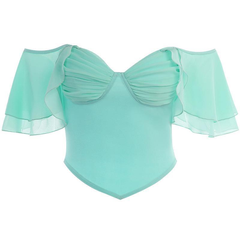 BamBam Women Summer Ruffle Off Shoulder Chiffon Plunging Top - BamBam