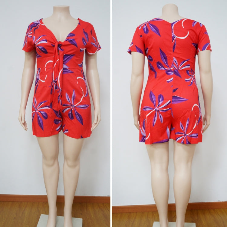 BamBam Plus Size Summer Print Red V-Neck Knotted Casual Rompers - BamBam Clothing