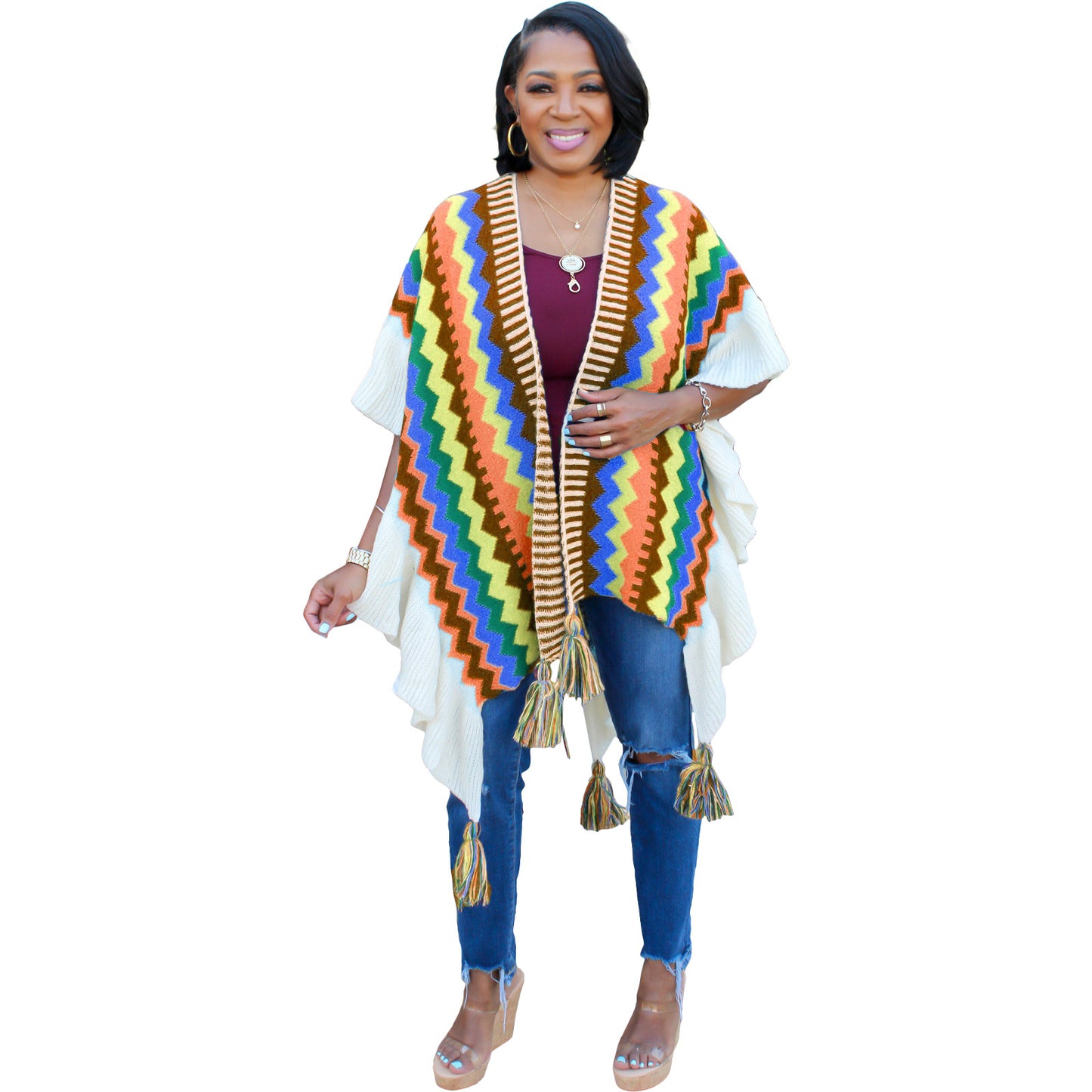 BamBam Women Autumn and Winter Geometric Knitting Crochet Tassel Cardigan Cape Jacket - BamBam