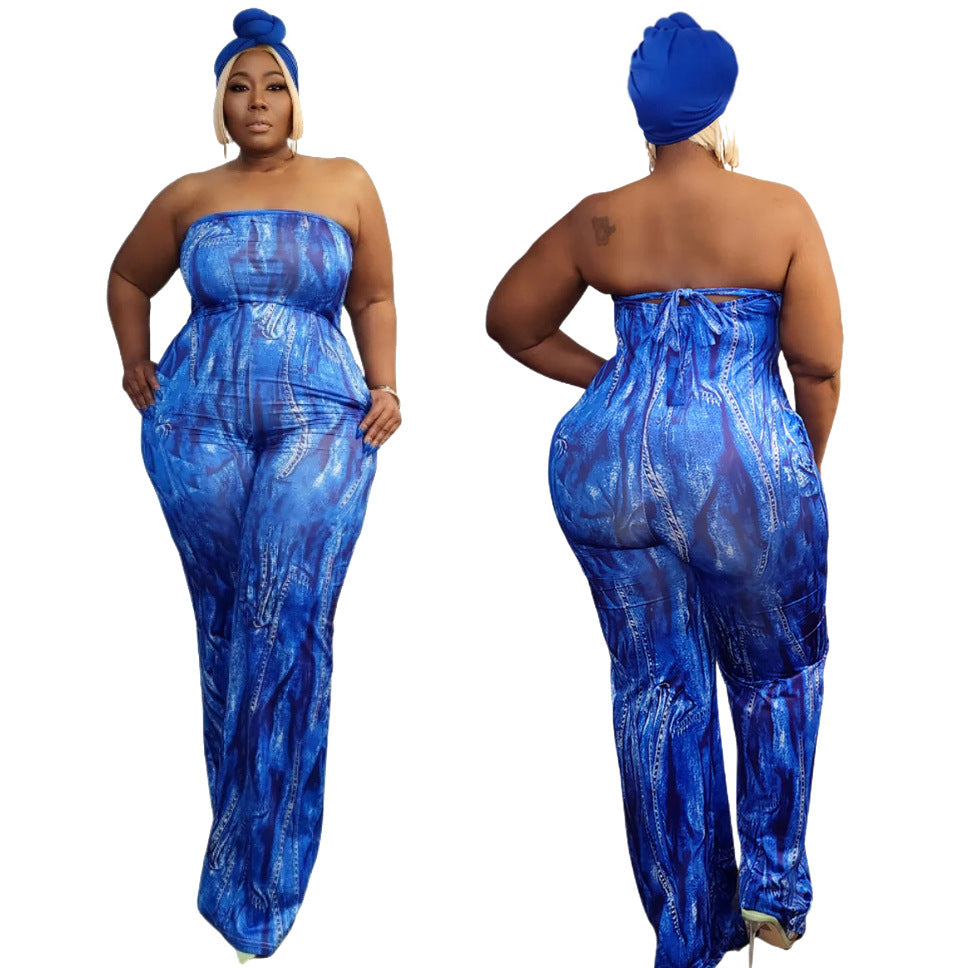 BamBam Plus Size Women Sexy Strapless Printed Wide Leg Jumpsuit - BamBam Clothing