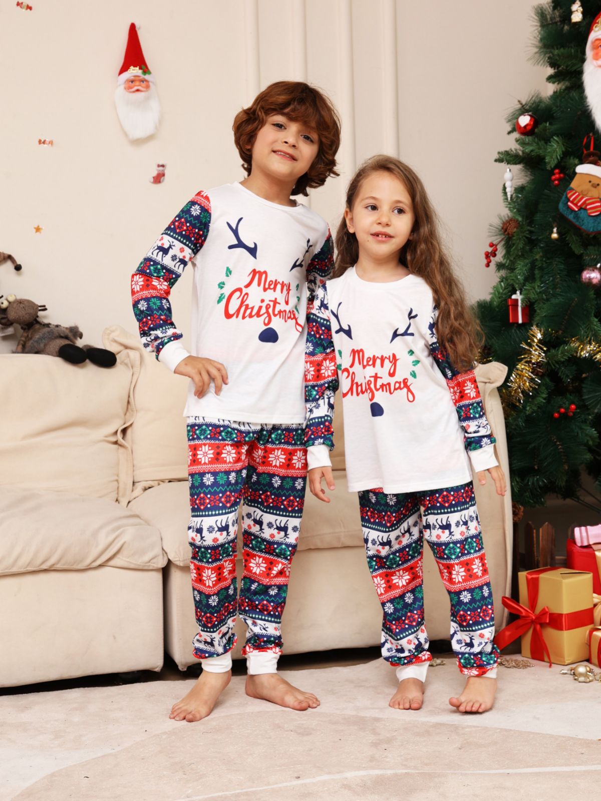 BamBam Christmas Family Wear Snowman Flower Fawn Letter Printed Home Clothes Pajama Two-piece Set - BamBam