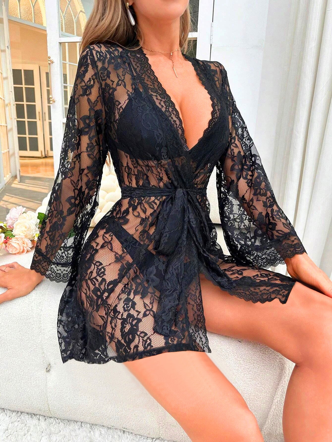 BamBam Sexy Black Lace See Through Midnight Robe - BamBam