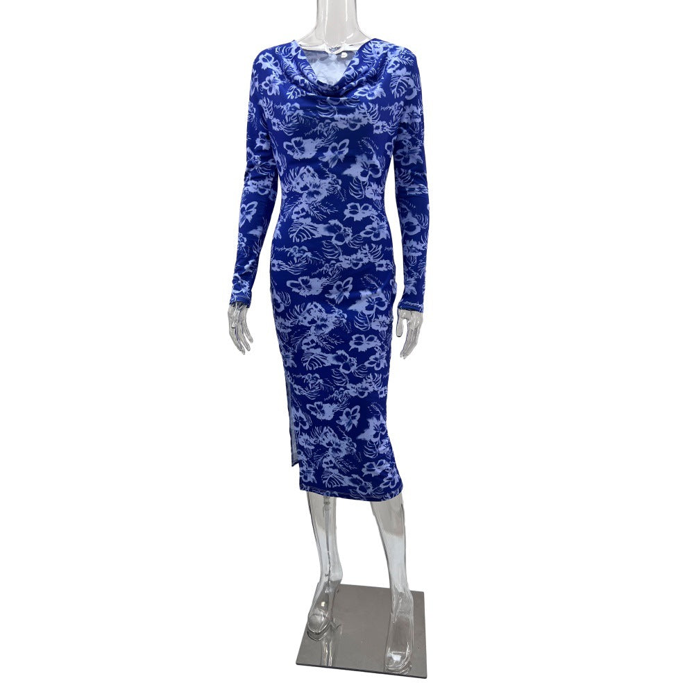 BamBam Chic Long Sleeve Printed Midi Dress Foral High Waist Side Slit Slim Fit Women's Dress - BamBam