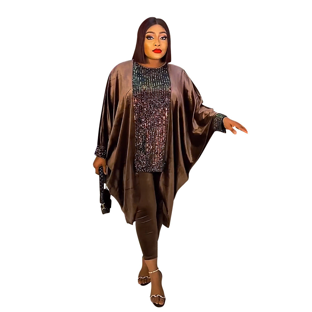 BamBam African Women's Clothing Plus Size Velvet Sequin Dress + Pencil Pants Fashion Casual Suit - BamBam