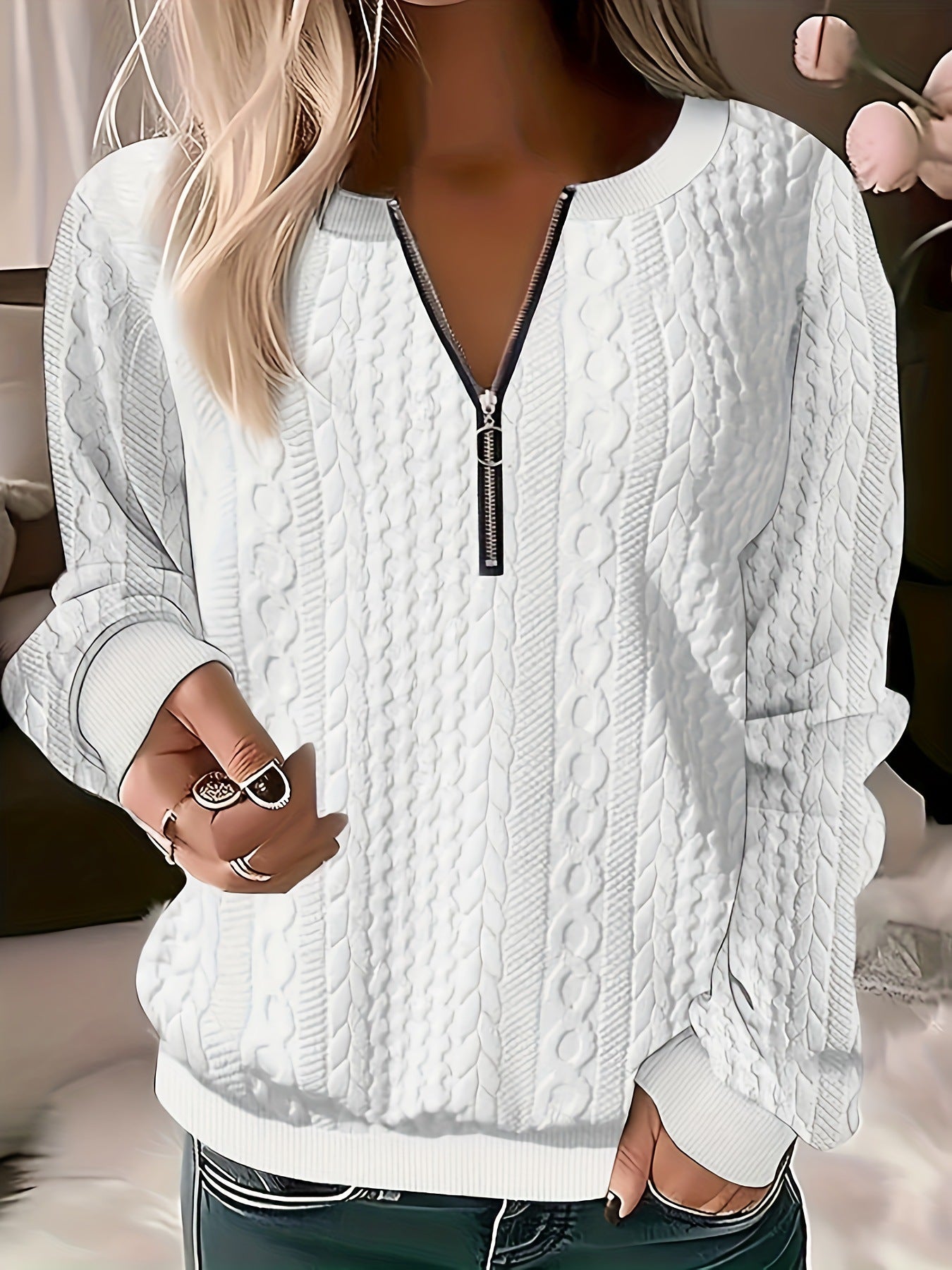 BamBam Plus Size Autumn Solid Color Long Sleeve Zipper V-Neck Loose Top Women's Clothing - BamBam