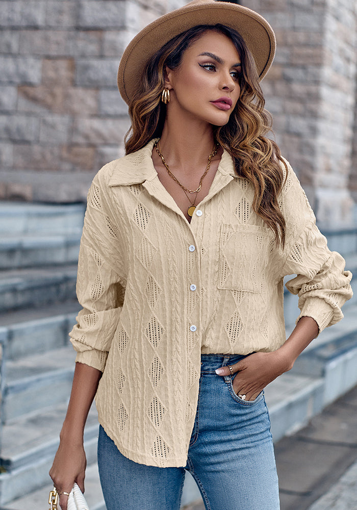 Women Turndown Collar Single Breasted Solid Loose Long Sleeve Shirt