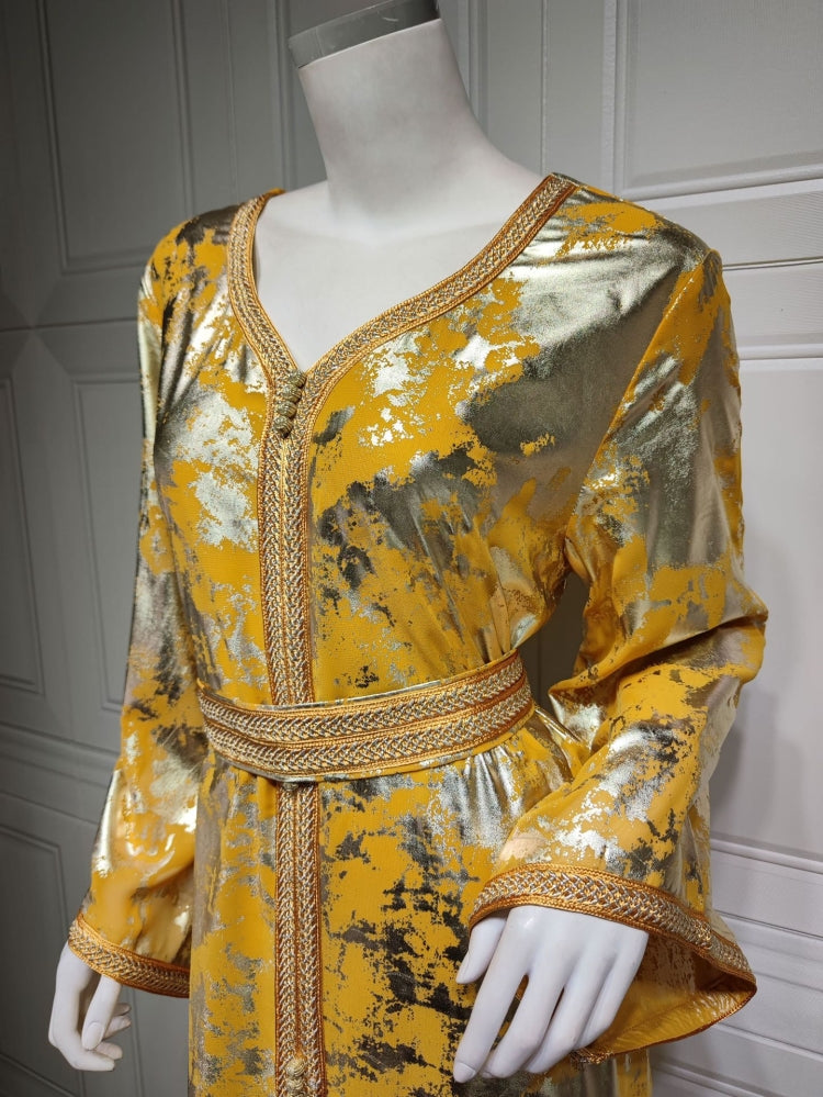 BamBam Spring Golden Printed Yellow V-neck Long Middle East Dubai Muslim Dresses - BamBam