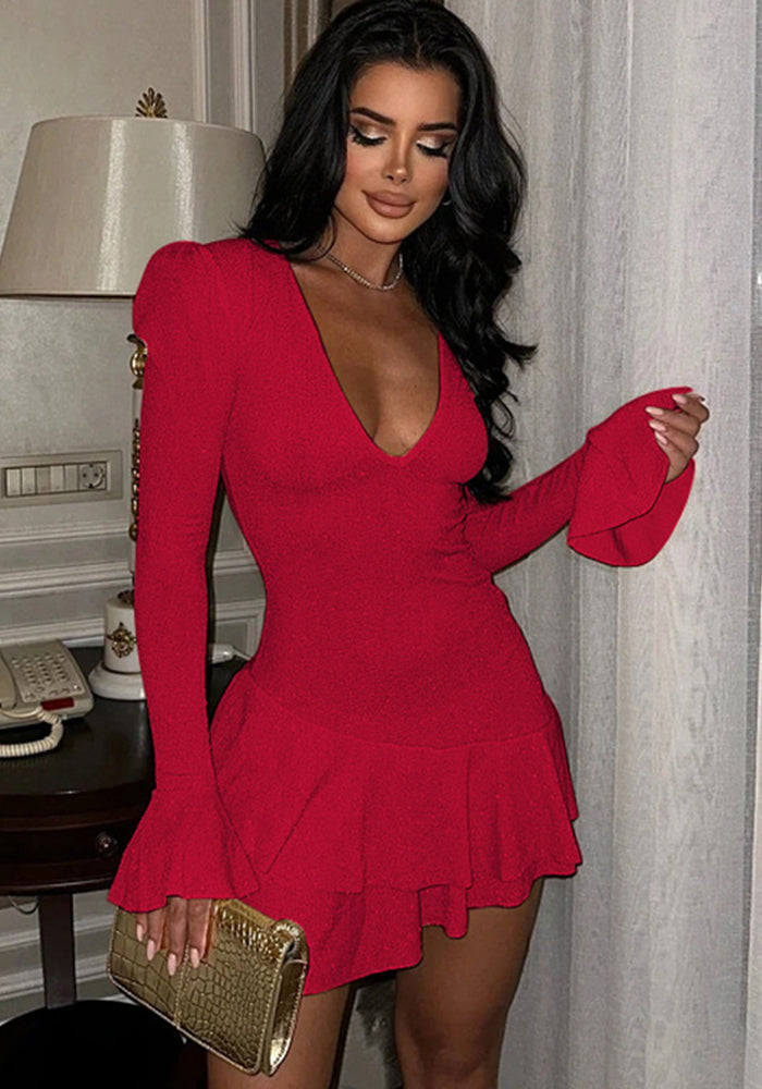 Women Deep V Neck Bell Bottom Sleeve Sexy Bodycon Dress