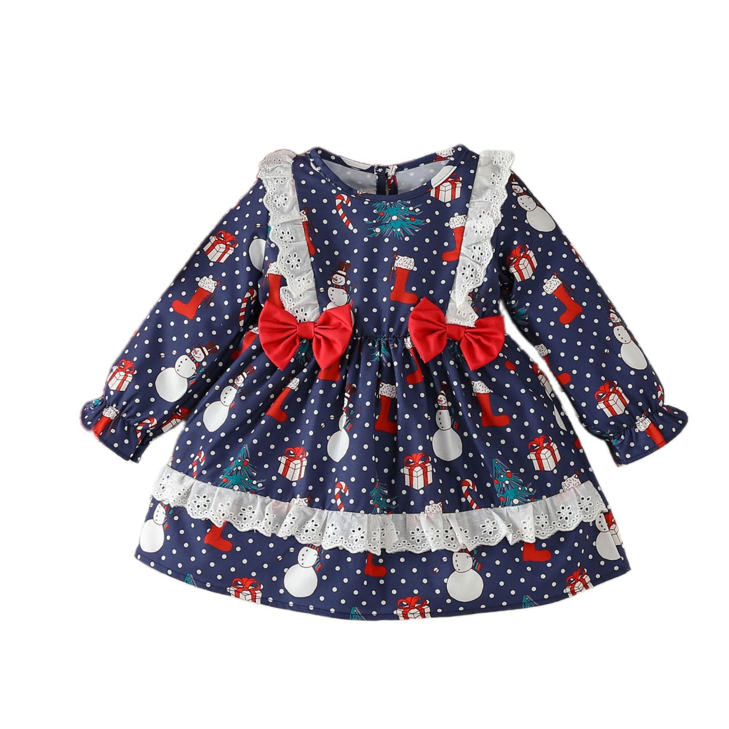 BamBam Christmas Girl autumn long-sleeved polka dot cartoon Santa Claus print dress - BamBam