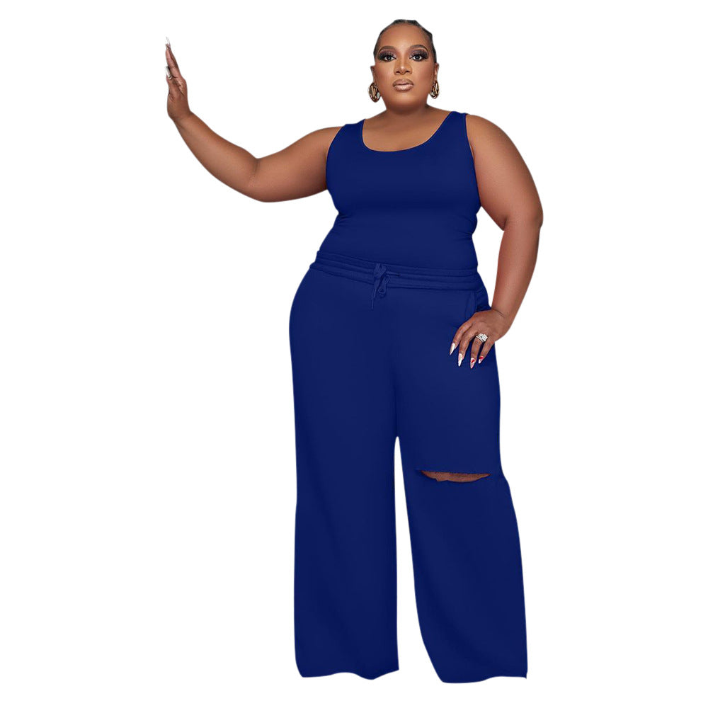 BamBam Plus Size Women Top and Ripped Wide Leg Pants Set of Two - BamBam