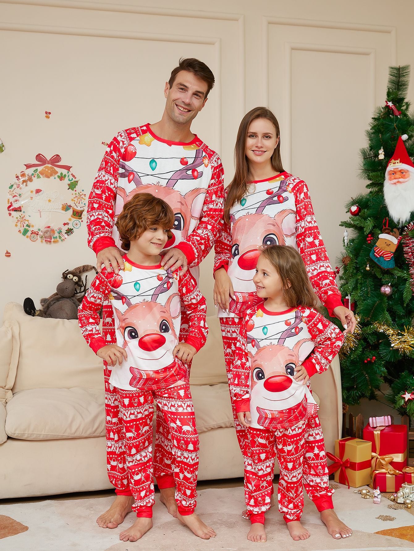 BamBam Christmas parent-child home clothes with deer print Round Neck long-sleeved Family Pajama two-piece set - BamBam