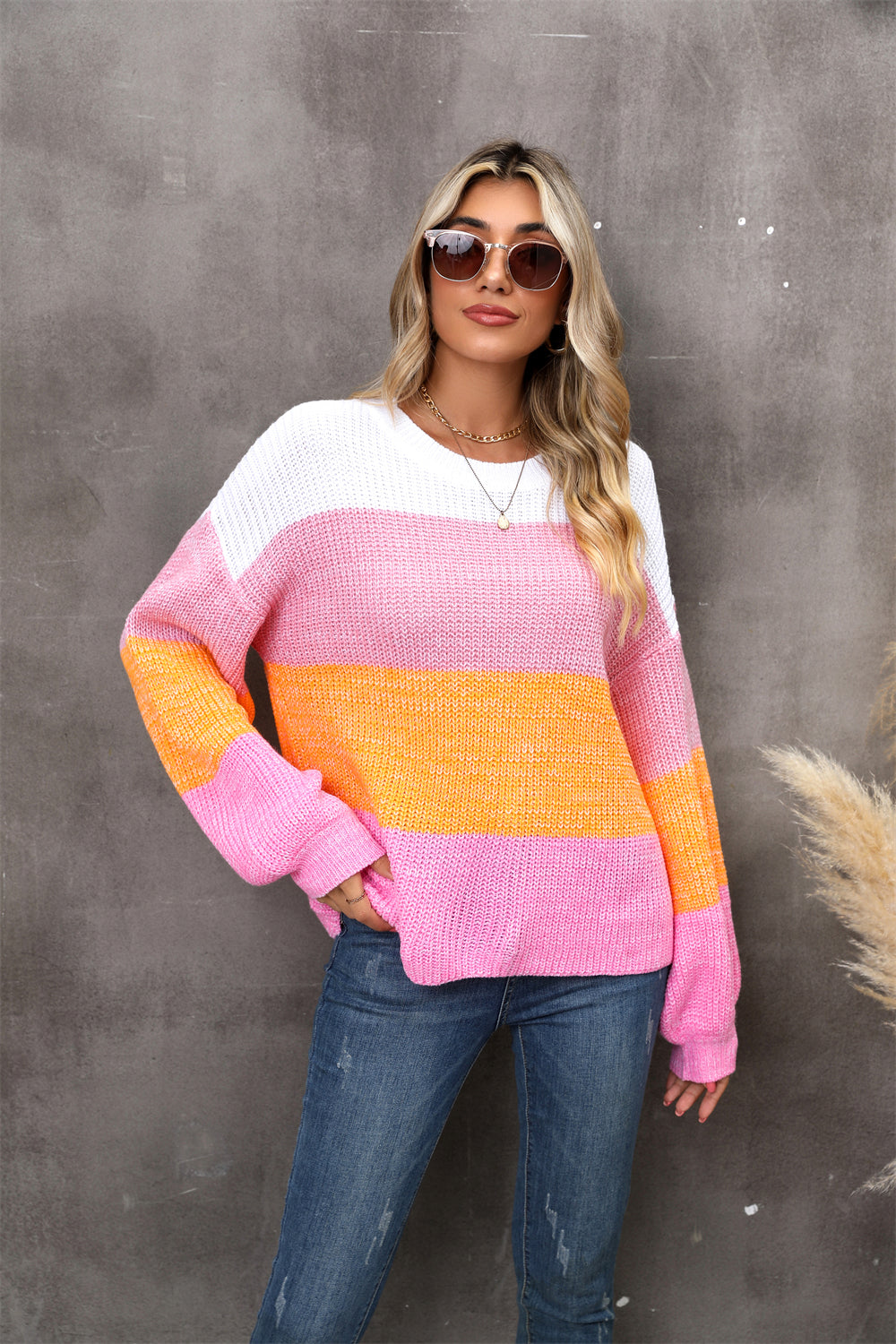 BamBam Autumn/Winter Patchwork Contrast Color Plus Size Loose Pullover Knitting Shirt - BamBam