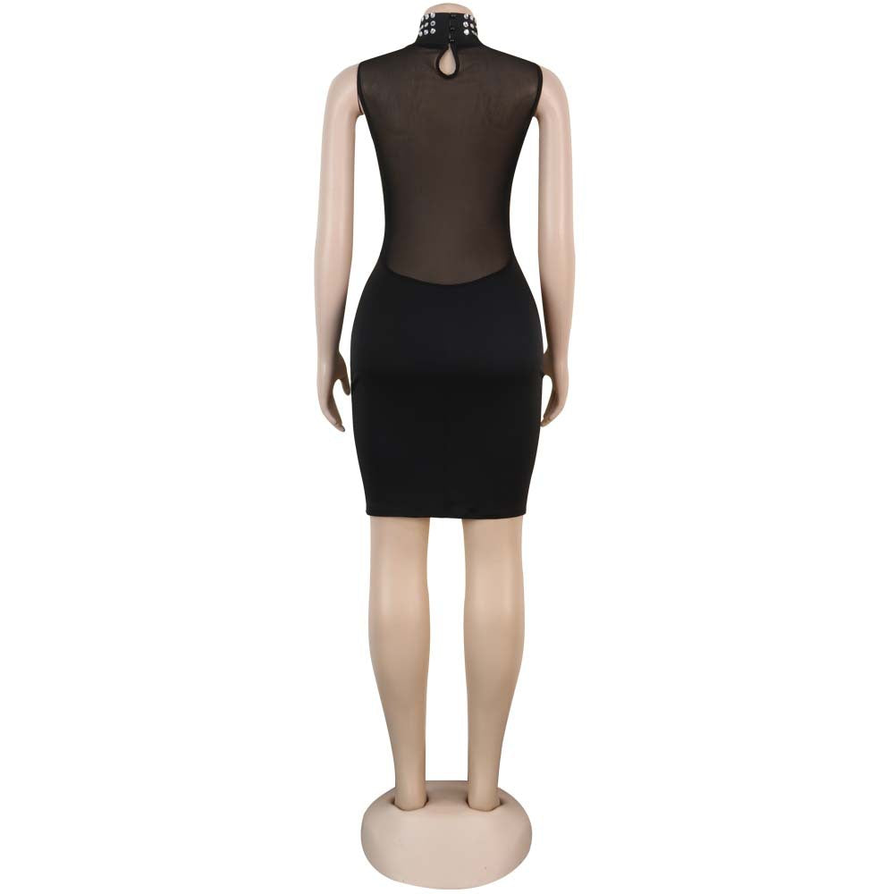 BamBam Women Sexy Beaded See-Through Turtleneck Dress - BamBam Clothing Clothing