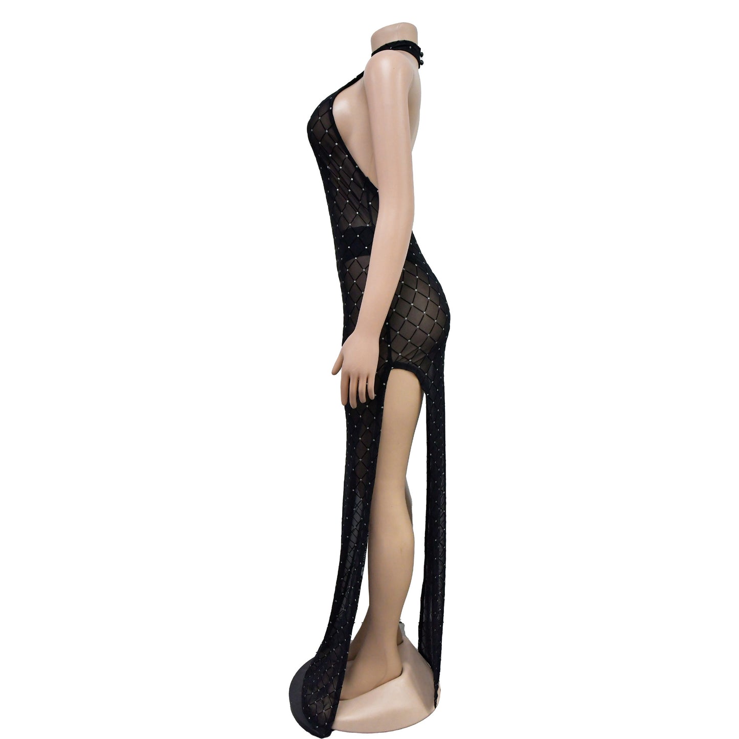 BamBam Fashion Women's Solid Color Sleeveless Halter Neck Slit Maxi Dress - BamBam