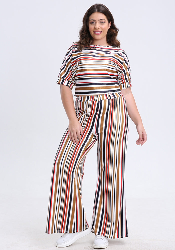 Plus Size Women Casual Short Sleeve Top And Striped Wide Leg Pants Two-piece Set