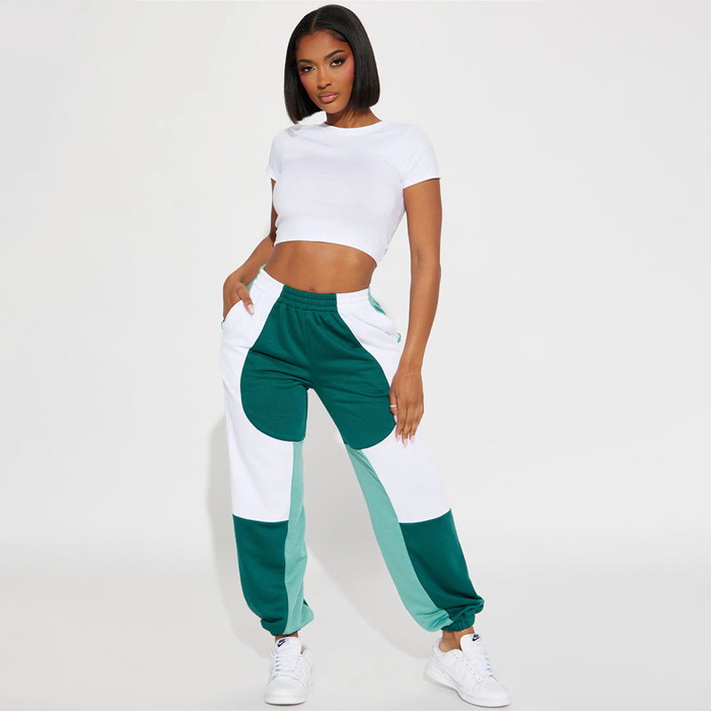 BamBam Fashionable Color Matching Loose Sports Pants Elastic Waist Outdoor Jogging Casual Sweatpants - BamBam Clothing