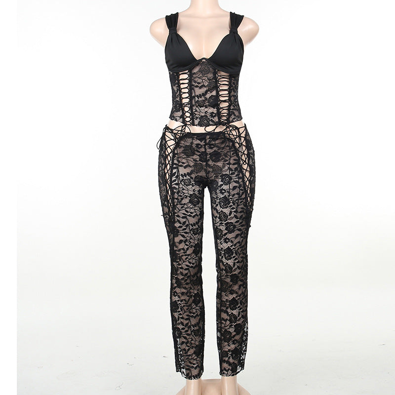 BamBam Autumn Women's Clothing Fashion Style Sexy Hollow Slim See-Through Lace Straps Two Piece Pants Set For Women - BamBam