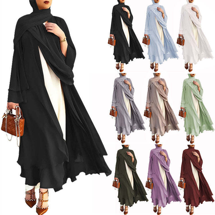 Muslim Solid Color Cardigan Feminine Flowing Chiffon Plus Size Women's Dress