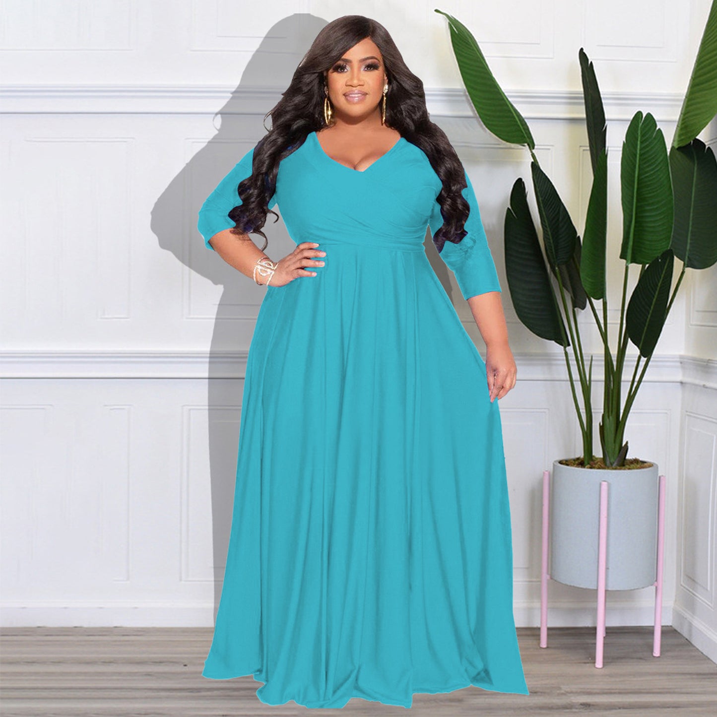 BamBam Plus Size Women's Solid Color V-Neck Sexy Long Dress - BamBam