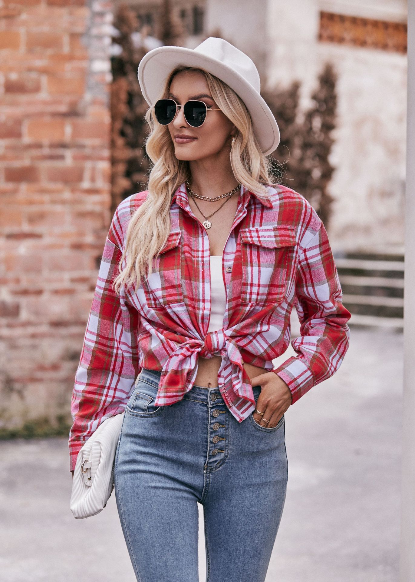 BamBam Women Casual oversize loose plaid shirt - BamBam