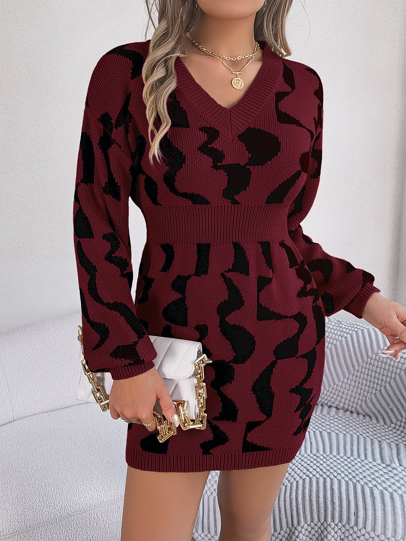 BamBam Women V-Neck Contrast Color Long Sleeve Bodycon Sweater Dress - BamBam