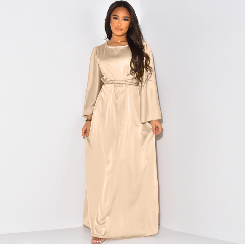 BamBam Women's Autumn And Winter Dress Round Neck Long Sleeve Loose Strappy Satin Maxi Dress - BamBam