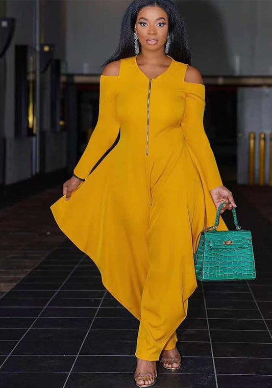 Women's Solid Color Cutout Long Sleeve Fashionable Loose Jumpsuit