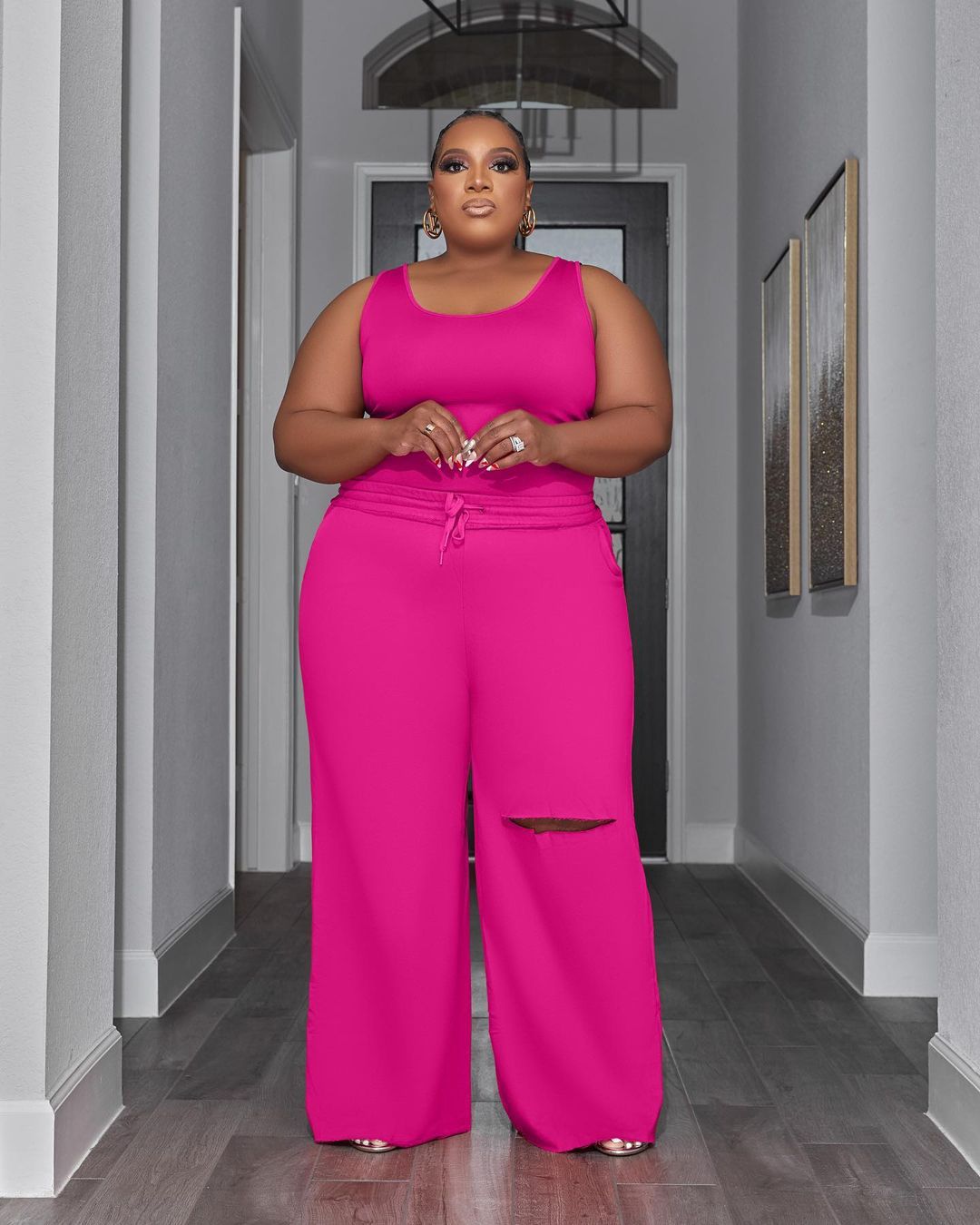 BamBam Plus Size Women Top and Ripped Wide Leg Pants Set of Two - BamBam