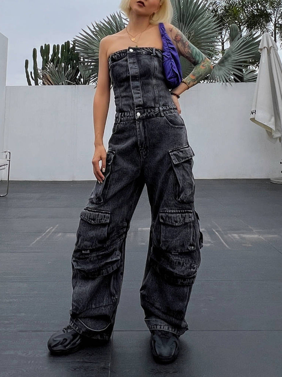 BamBam Women Street Style Strapless Pockets Denim Cargo Jumpsuit - BamBam Clothing