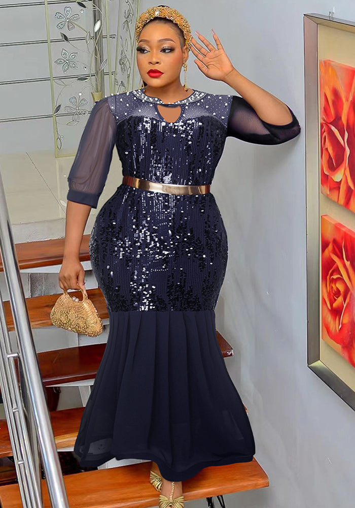 Africa Plus Size Women's Round Neck Beaded Sequined Formal Party Evening Dress