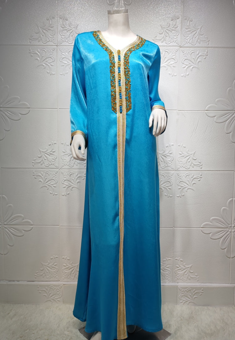 BamBam Arab Dubai Arab Middle East Turkey Morocco Islamic Clothing Kaftan Abaya Embroided Muslim Dress Blue - BamBam