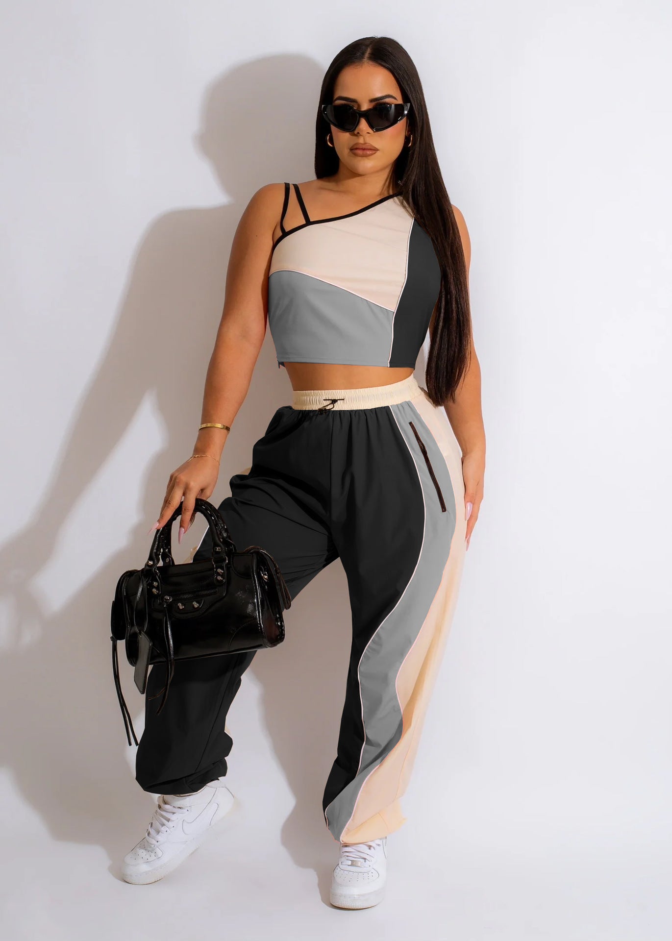 BamBam Women Fashion Color Block Slash Shoulder Sleeveless Top and Pant Casual Two-piece Set - BamBam