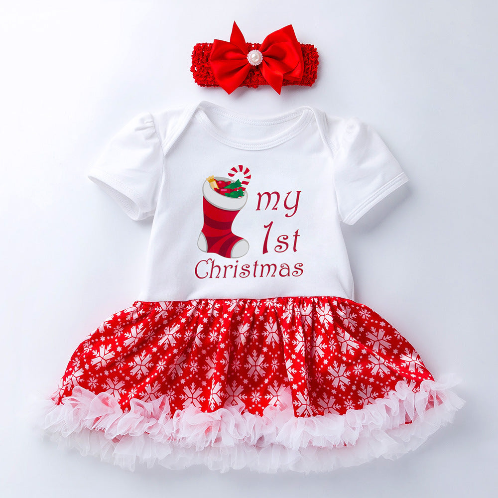 BamBam Christmas Girl Christmas Tree Socks Deer Head Short Sleeve Top and Skirt Two Piece Set - BamBam