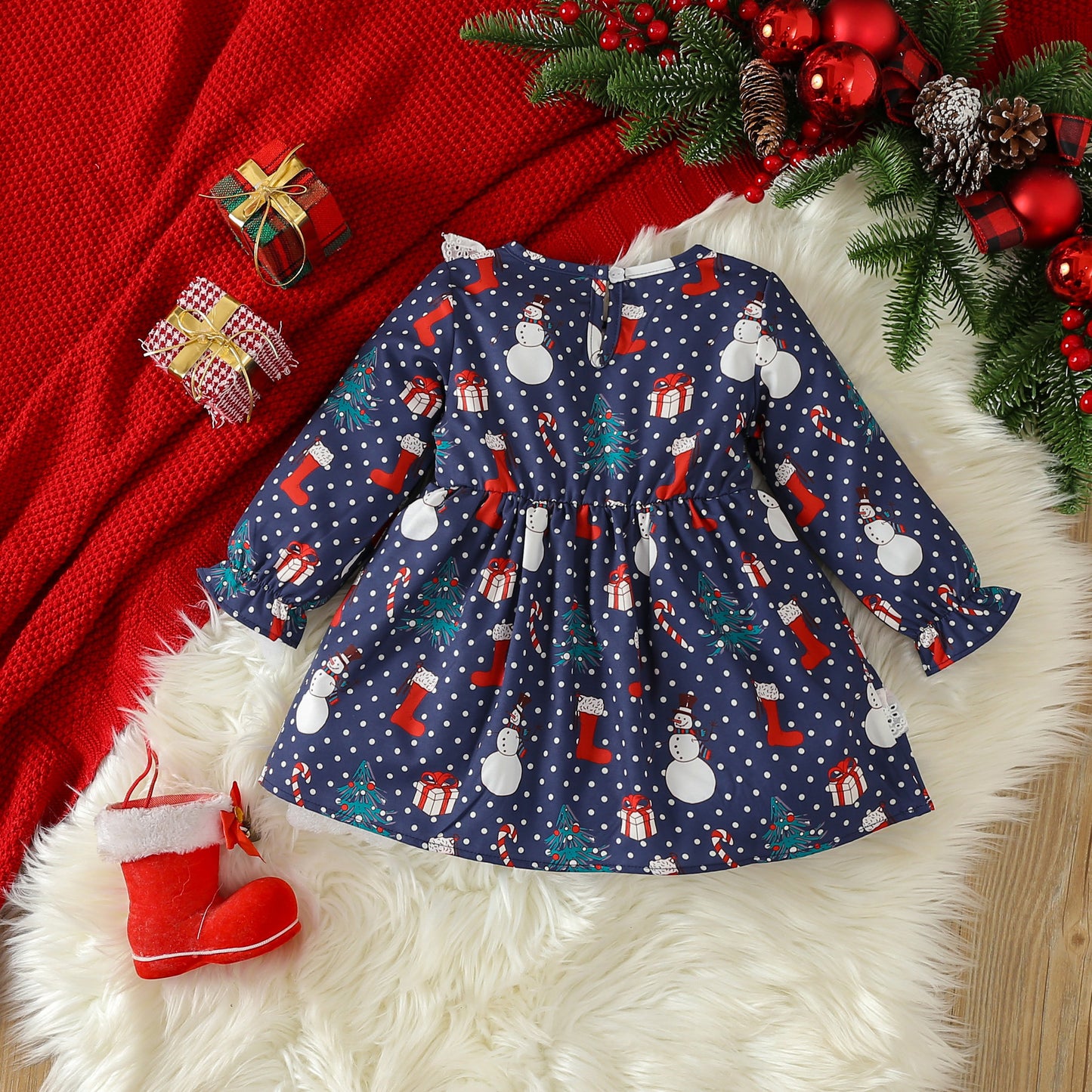 BamBam Christmas Girl autumn long-sleeved polka dot cartoon Santa Claus print dress - BamBam