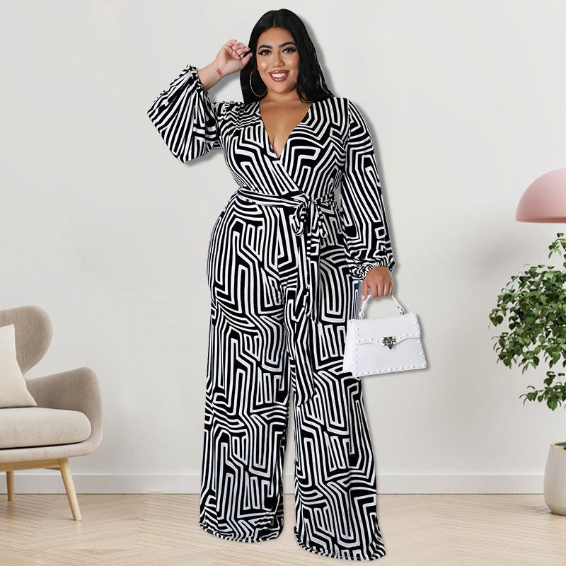 BamBam Plus Size Women'S Print Long Sleeve Wrap Wide Leg Jumpsuit - BamBam Clothing