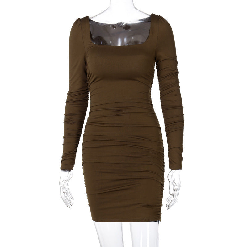 BamBam Women Autumn and Winter Square Neck Pleated Long Sleeve Sexy Dress - BamBam Clothing