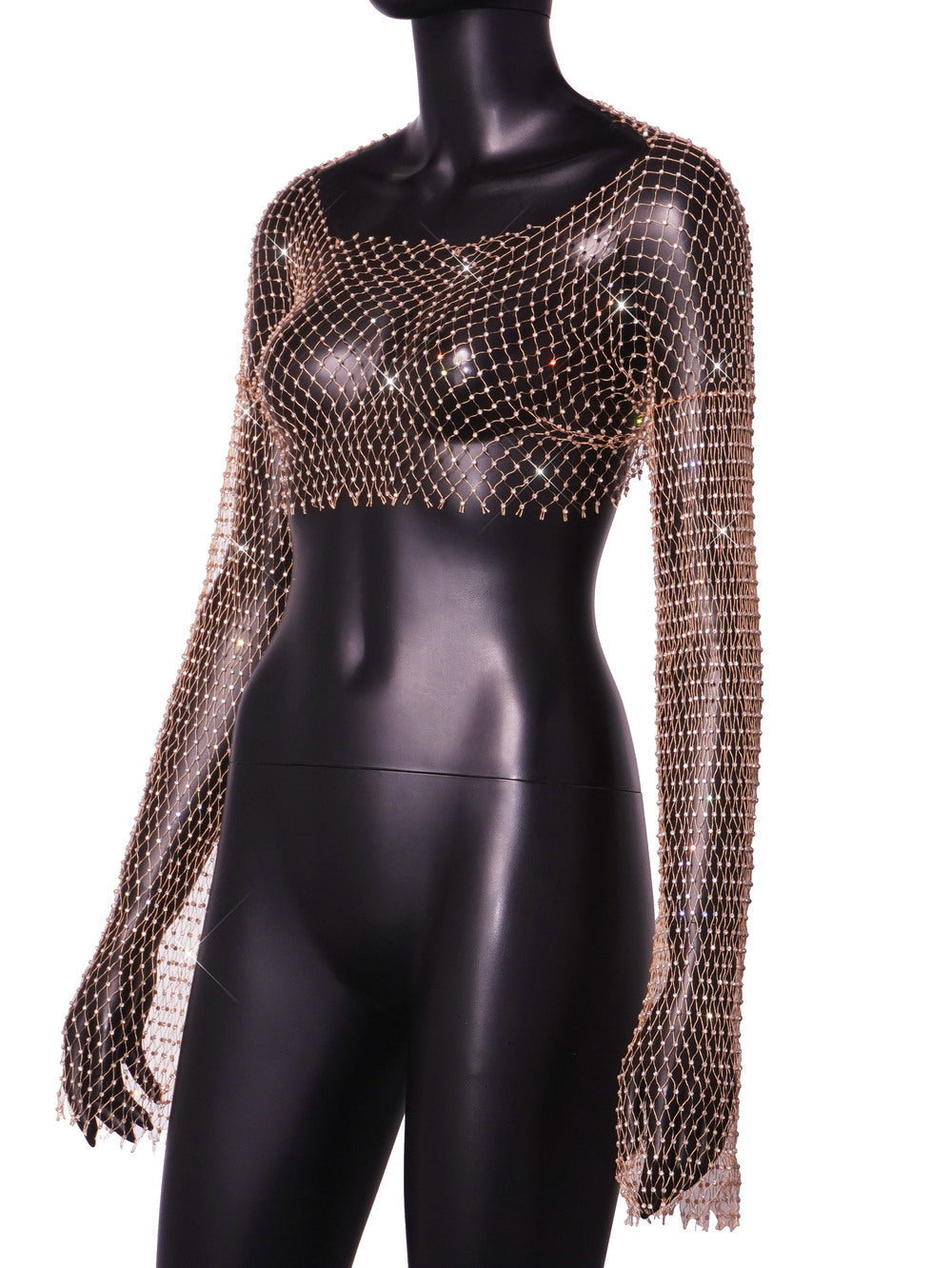 BamBam Women Sexy Hollow High Waist Bright Diamond Long Sleeve Fishnet Top - BamBam