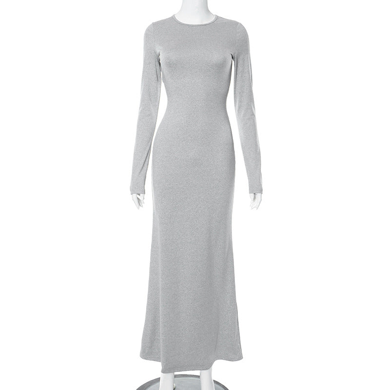 BamBam Women's Autumn Solid Color Casual Round Neck Long Sleeve Slim Basic Long Dress - BamBam