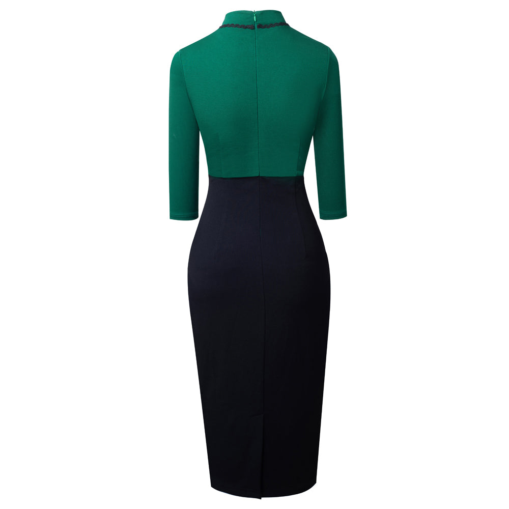 BamBam Women Elegant Round Neck Zip Colorblock Bodycon Dress - BamBam