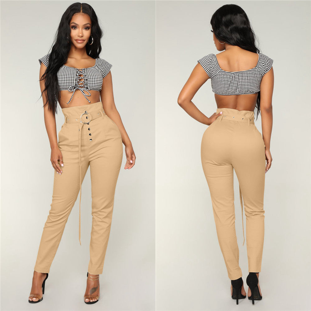 BamBam Women's Fitted Solid Color High Waist Pants With Belt - BamBam