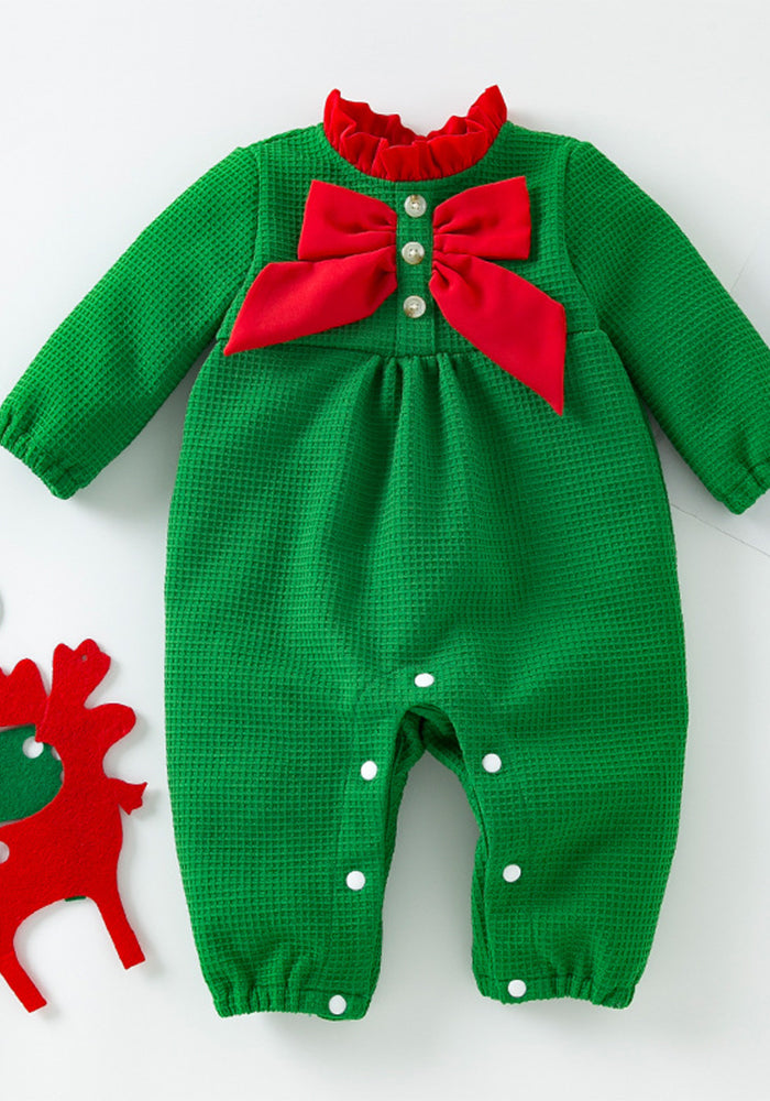 Autumn And Winter Christmas Baby Jumpsuit Fashion Trendy Bow Red And Green Long Sleeve Jumpsuit