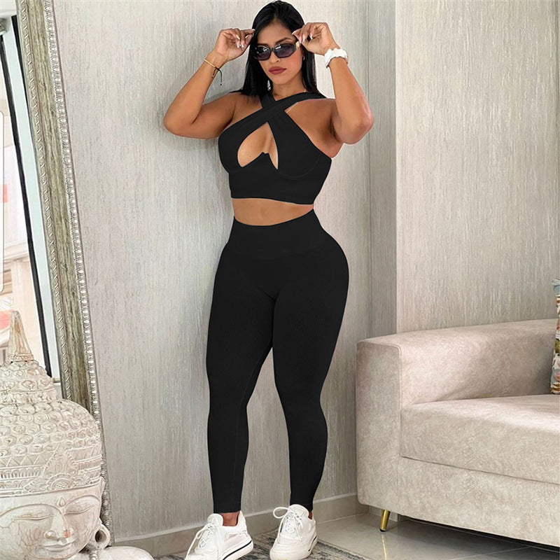 BamBam Autumn Women's Solid Color Slim Sleeveless Crop Tank Top Tight Fitting High Waist Casual Pants Suit - BamBam