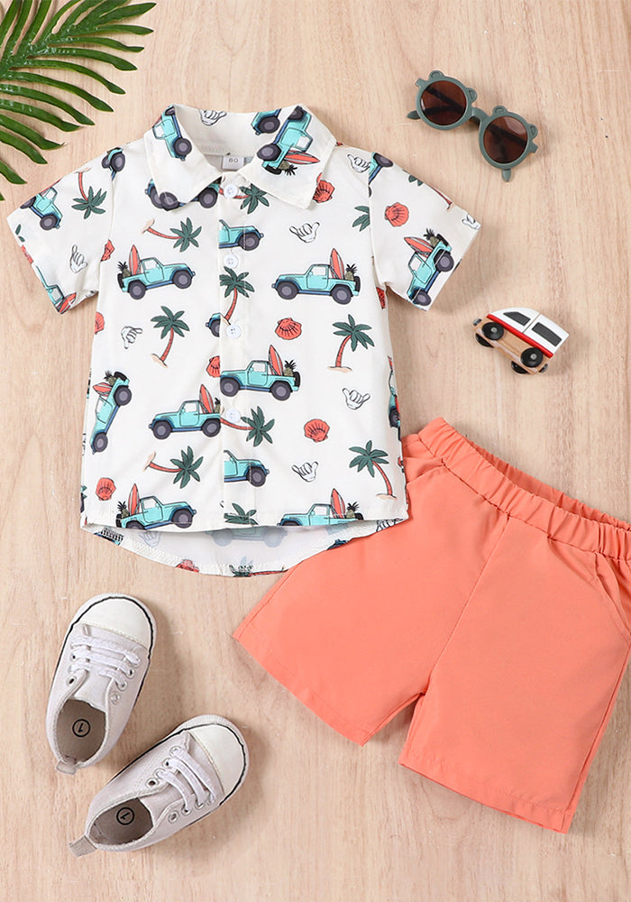 Boy summer trendy cute cartoon car kids short-sleeved shirts and Shorts two-piece set