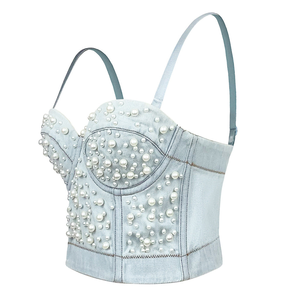 BamBam Women Camisole Pearl Fitted Sexy Denim Bra Vest Shaping Corset Top - BamBam