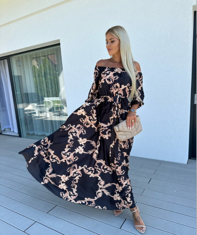 BamBam Summer Beach Holidays Chic Off Shoulder Print Maxi Dress - BamBam