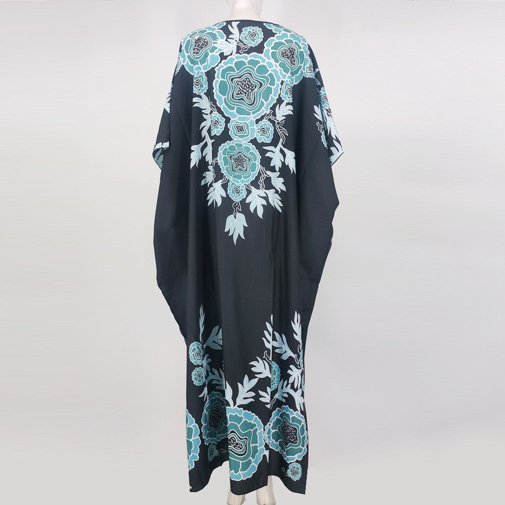 BamBam Women Vintage Ethnic Muslim Round Neck Bat Sleeves Printed Gown - BamBam