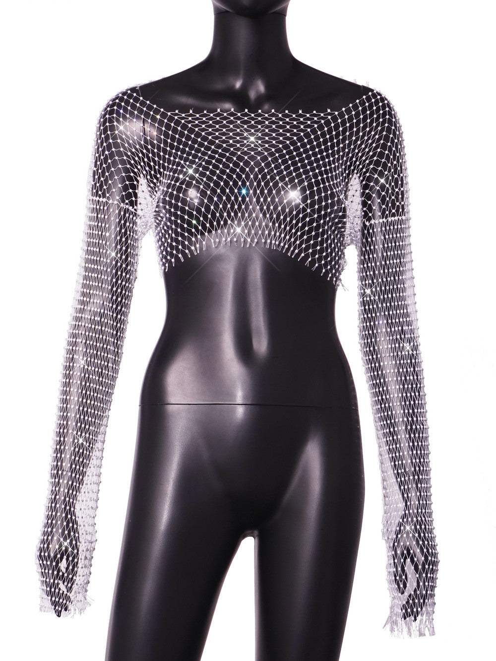 BamBam Women Sexy Hollow High Waist Bright Diamond Long Sleeve Fishnet Top - BamBam