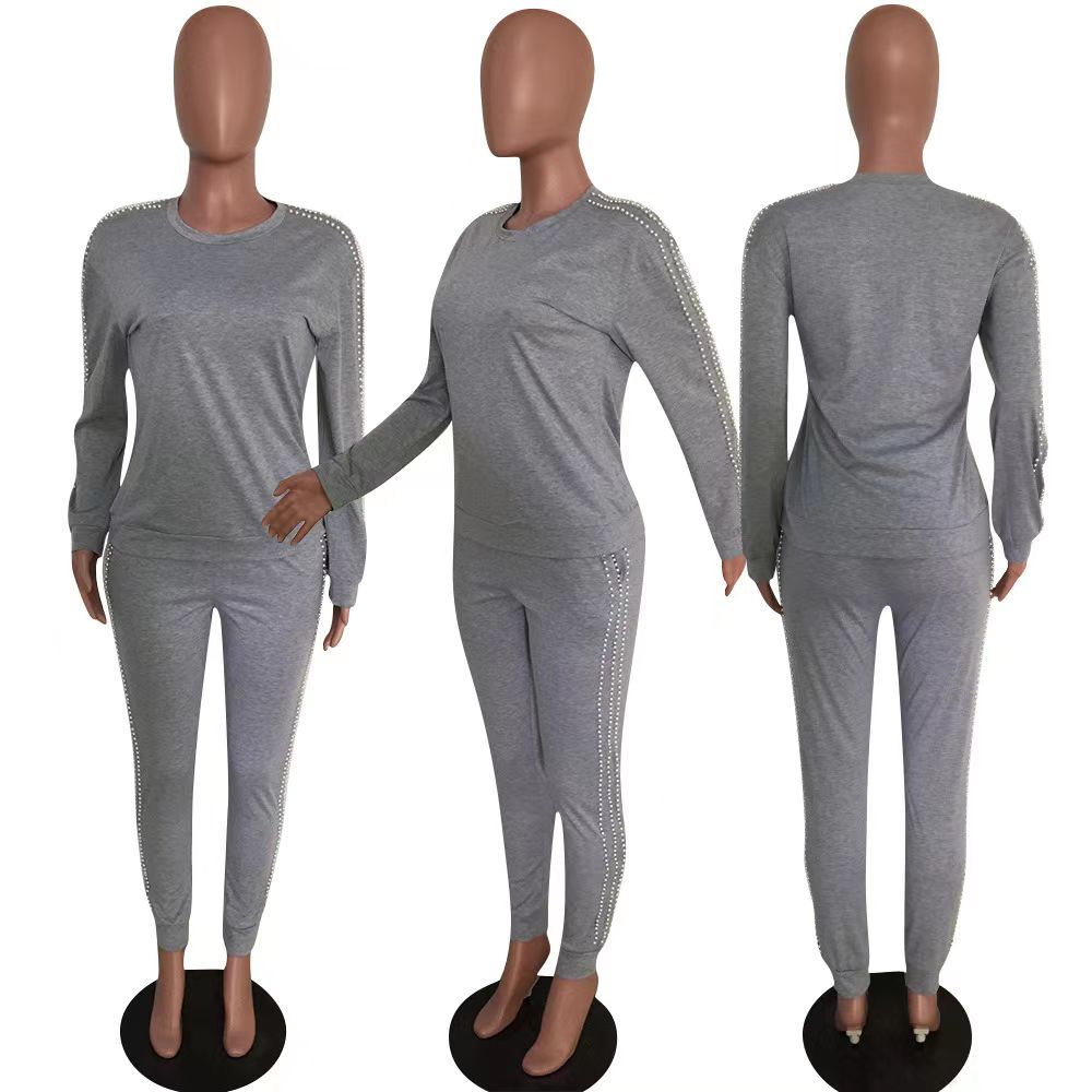 BamBam Women Casual Beading Round Neck Long Sleeve Top and Pant Two-piece Set - BamBam